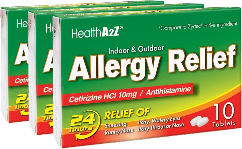 HealthA2Z® 알레르기 완화 | Cetirizine 10mg | All Day Allergy Relief | 실내 및 실외 | Itchy Throat, Sneezing, Runny Noses (10 개)의 구호