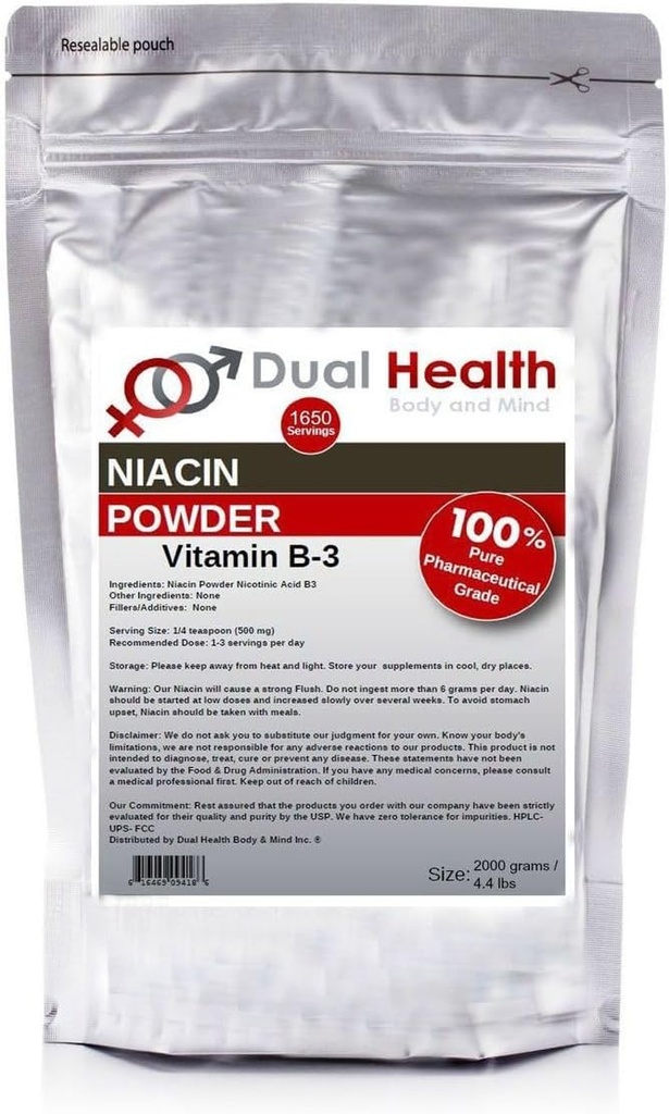 Niacin 분말 (4.4 lbs - 2 킬로그램) 비타민 B3 대량 보충교재는 홍조 니코틴산 비 GMO, 채식주의자, 글루텐 자유로운 빠른 흡수를 가진 Niacin 풀어 놓습니다 GMOs, 충전물, 첨가물, 금속 없음