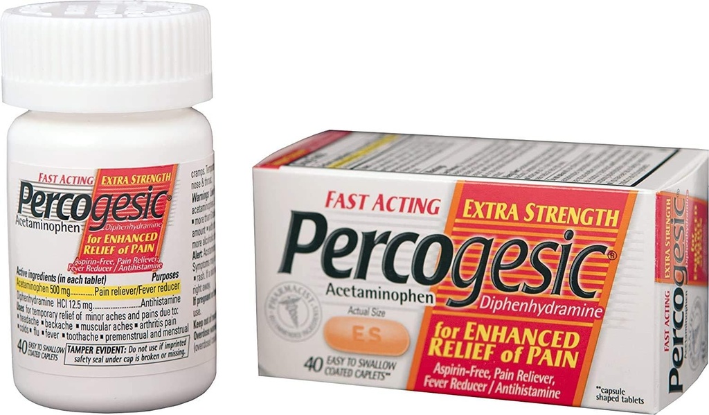 Percogesic 아스피린 자유로운 고통 구호 정제, 여분 힘, Acetaminophen 및 Diphenhydramine, 40 ct (1의 포장)