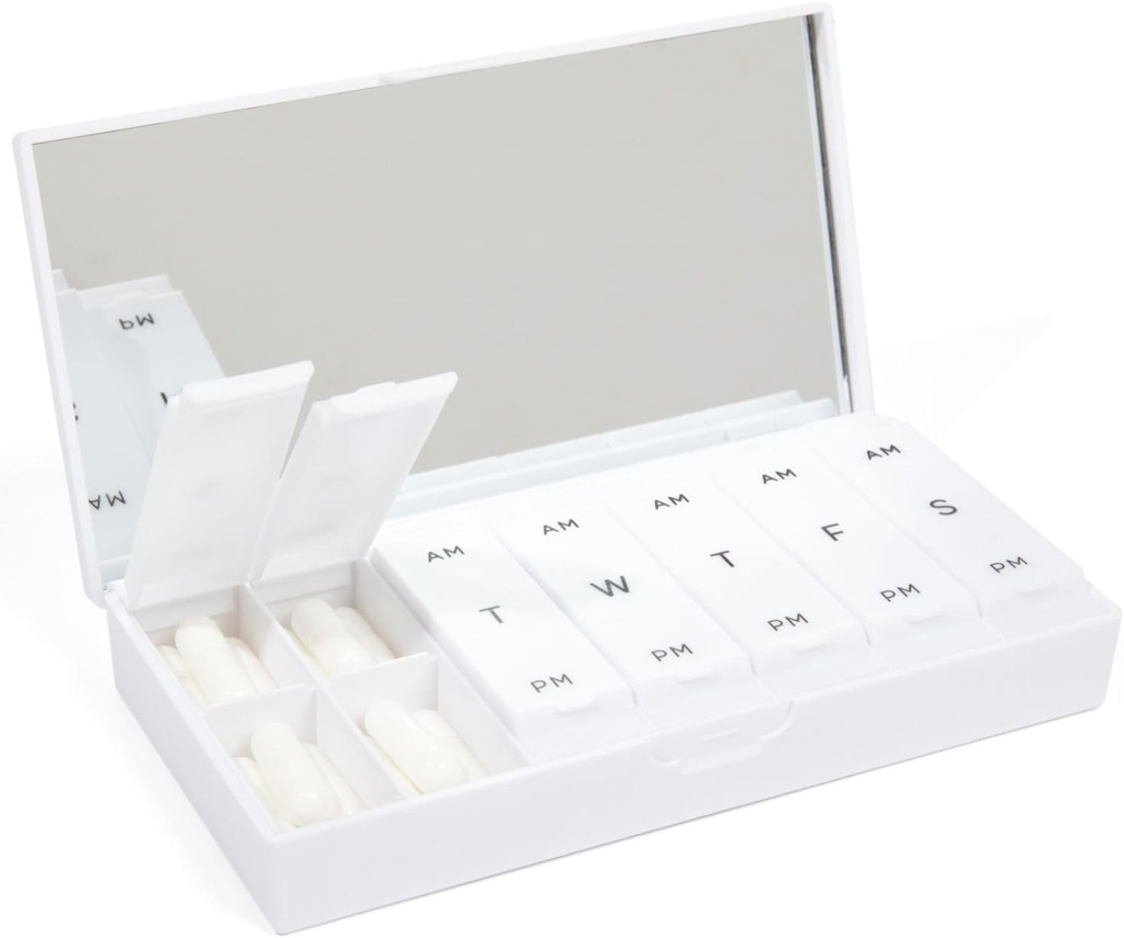 PORT X POLISH Designer Weekly Pill Box 주최자 (AM / PM 2X Daily, Crisp White) | 컴팩트, 세련된 7 일 비타민 보충 케이스 | 귀여운 휴대용 미니 여행 의학 캐리어 | BPA-Free Pillbox Caddy