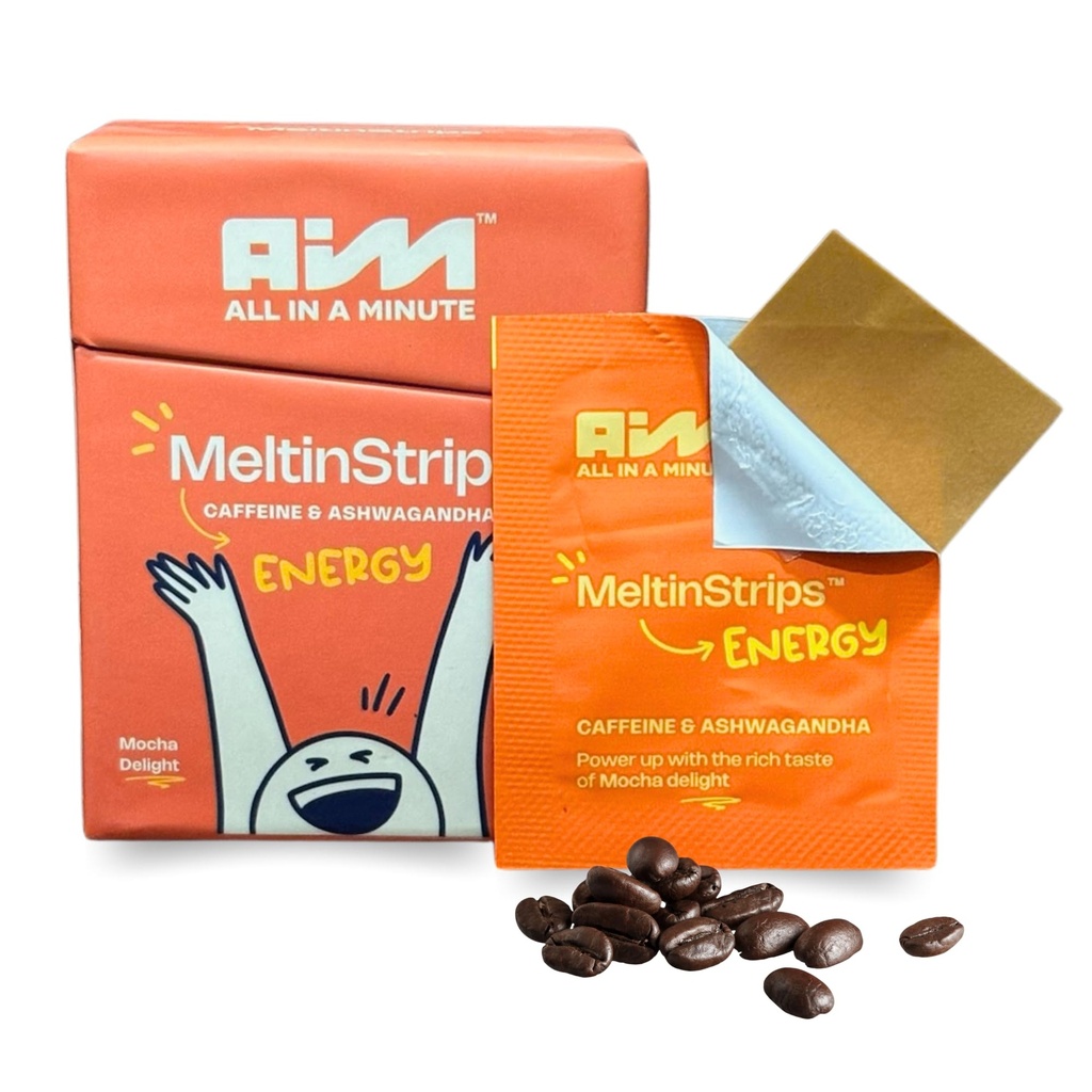 MeltinStripsTM 에너지 스트립 40mg 카페인, 20mg Ashwagandha & Vitamin B12 | Jitters 또는 Crash없이 즉시 에너지 및 초점 | 커피보다 빠른 작동 | 모차 맛 - 30 스트립