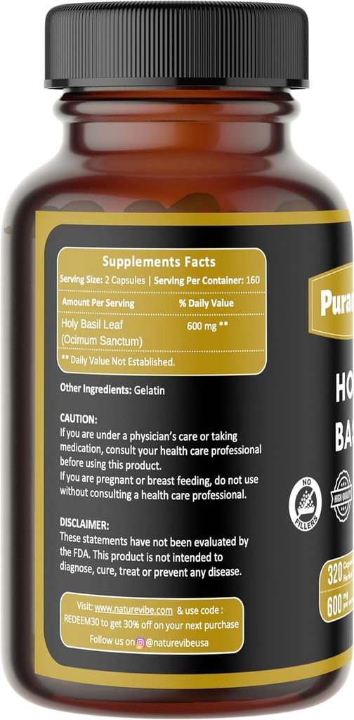 Holy Basil Premium 320 캡슐 비 GMO 및 글루텐 무료 | 초본 보충 | 600 mg의 서빙 | 100 % 순수 허브 Holy Basil 잎으로 만든