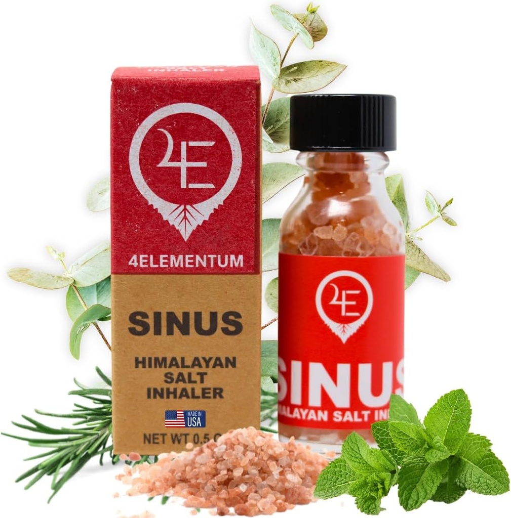 4Elementum Sinus Himalayan 소금 흡입기 - Natural Eucalyptus, Peppermint 및 Rosemary와 주입 - 알레르기, 콜드 및 혼잡의 완화 지원