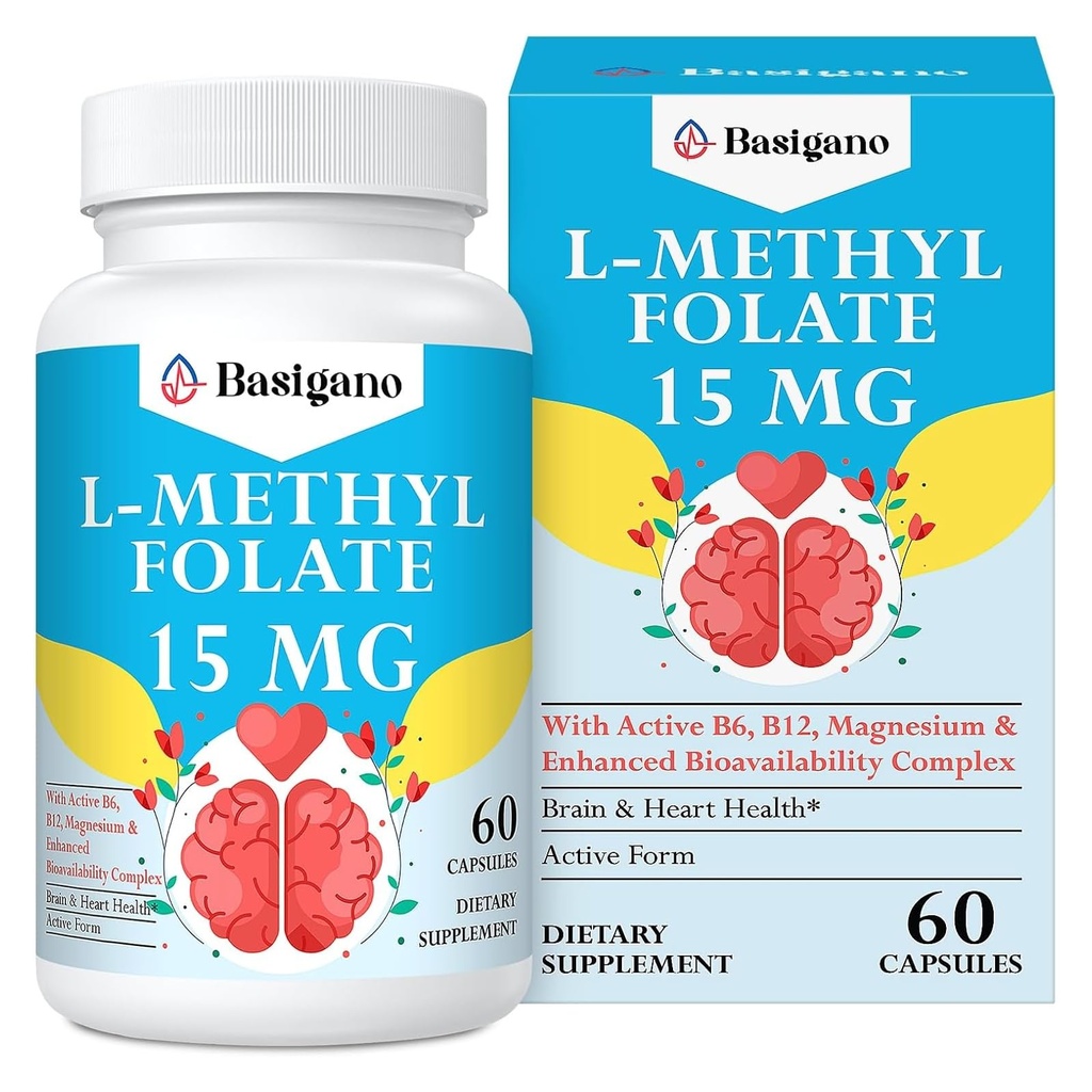 15mg L Methylfolate (5-MTHF) - 비타민 B6 및 B12-60 채식 캡슐과 농축 된 활성 Folic 산 - 비 GMO, 글루텐 프리