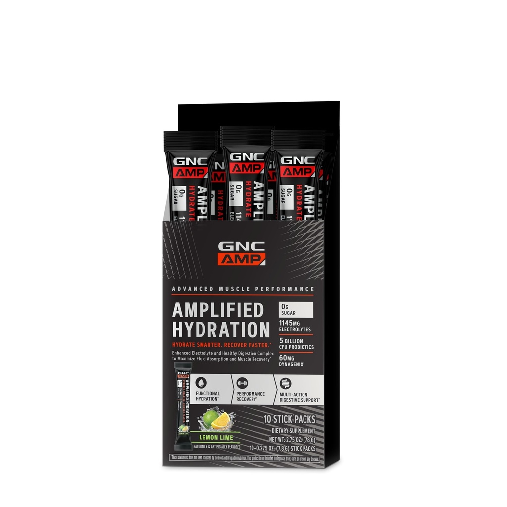 GNC AMP Amplified Hydration Electrolyte Powder Drink Mix | 향상된 전동 및 건강한 소화 복합재 | 레몬 라임 | 10 Count