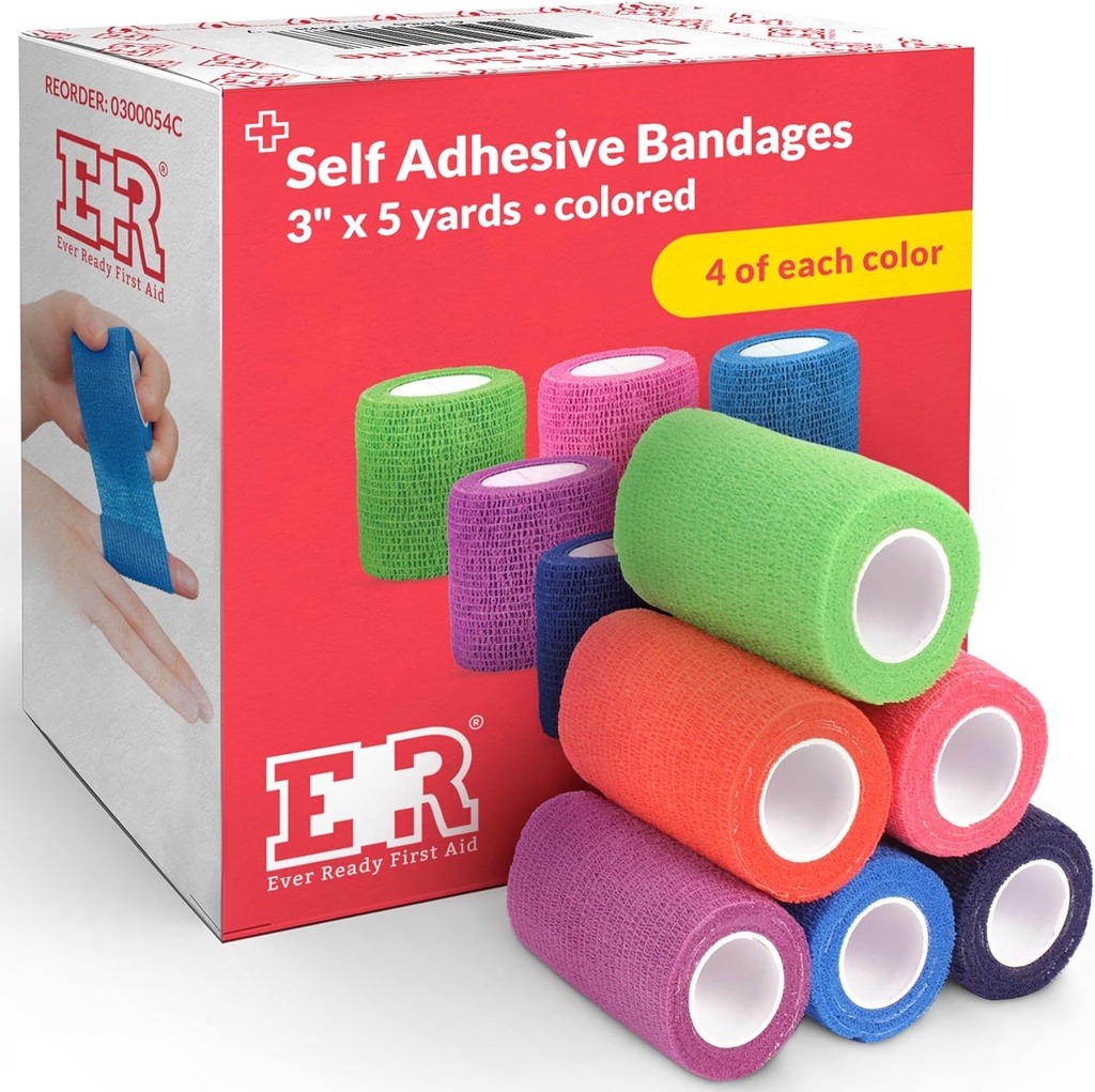 Ever Ready First Aid Self Adherent Cohesive Bandages 3" x 5 야드 - 24 카운트, 레인보우 색상