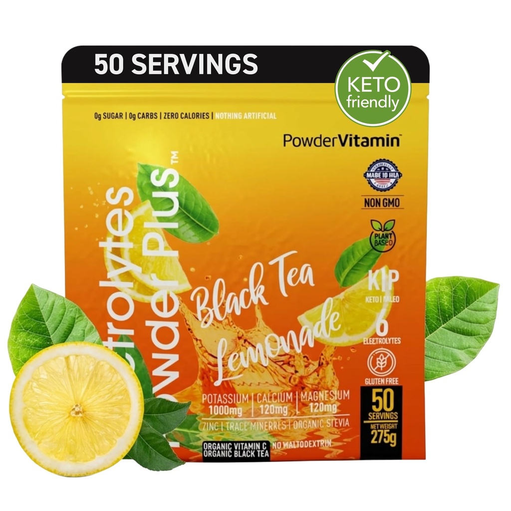 전해질 분말 플러스 (50의 서빙) 까만 차 Lemonade 전해질 분말 영 Calorie Keto,0 설탕, 아니 Maltodextrin, 1000mg 칼륨, 120mg 칼슘, 120mg 마그네슘, 수화 분말