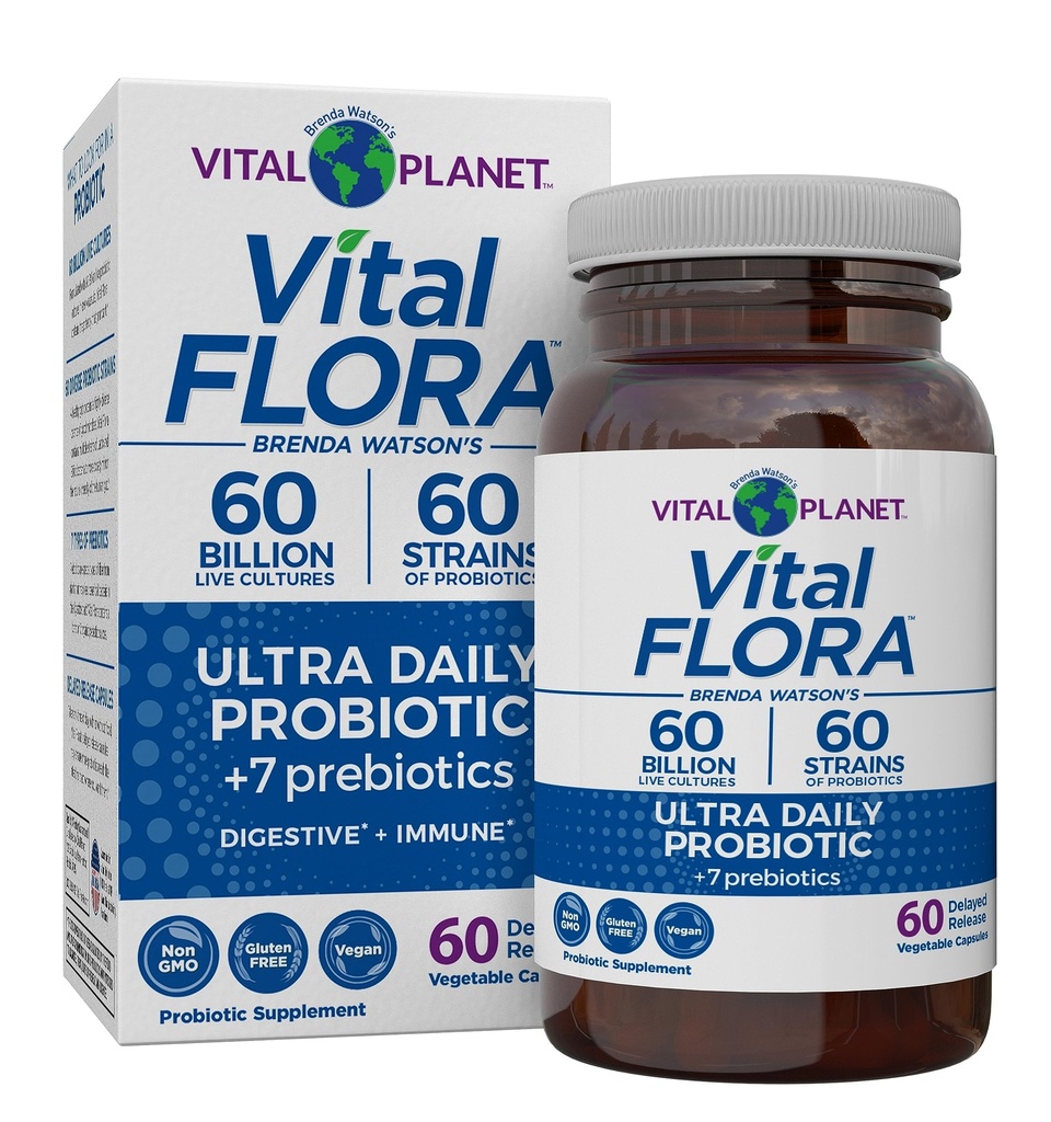 Vital Planet - Vital Flora Ultra Daily Probiotic 60 Billion CFU, Diverse Strains, Organic Prebiotics, Immune Support, Bloating Relief, 여성 및 남성 60 캡슐에 대한 Digestive Health Probiotics