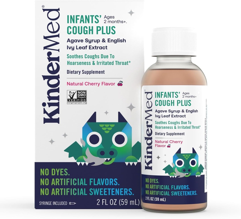 KinderMed Infants' Daytime Cough Plus, Organic Agave Syrup 및 English Ivy Leaf Extract, 염료 없음, 인공 향료 또는 감미료 없음, 비 GMO, 아기 2 개월 +, 천연 체리 맛 (2 Fl Oz)