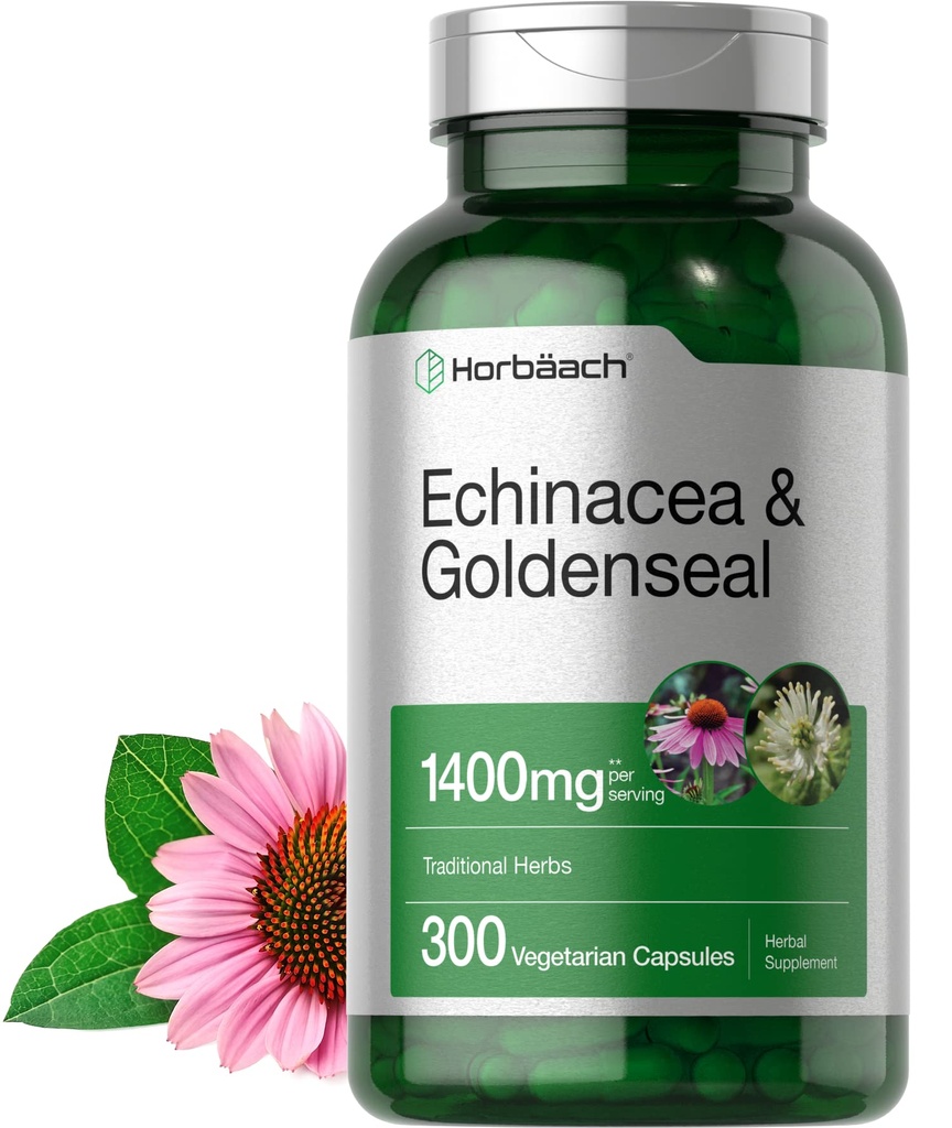 Horbäach Echinacea Goldenseal 캡슐 | 1400mg | 300 개 | 채식주의자, 비 GMO, 글루텐 무료 추출물 보충교재