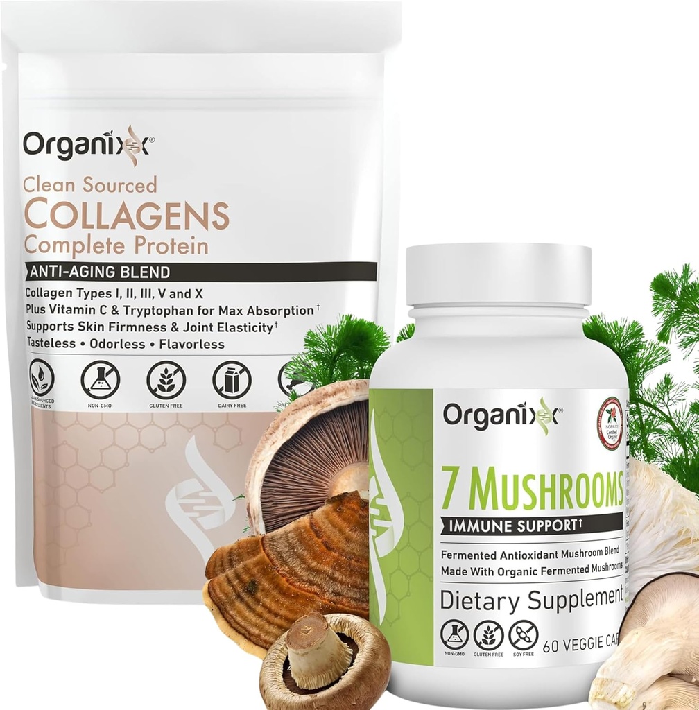 Organixx Clean Sourced Collagen Powder, Unflavored, 20 서빙 & 유기 버섯 보충 (60 채식 캡슐)