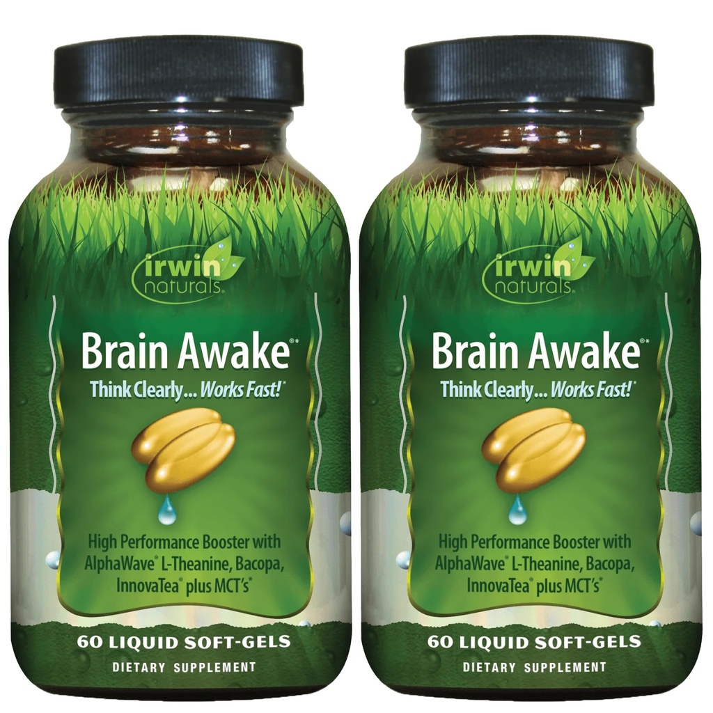 Irwin Naturals Brain Awake - 60 Liquid Softgels, 2 팩 - 향상된 정신 성능, 증가 된 초점, Clarity & Concentration - L-Theanine, Bacopa, MCT와 Nootropic Booster