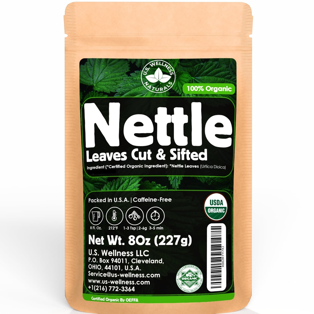 쐐기 티 - 8Oz (REAL WILD HARVEST) | 100 % USDA 인증 ORGANIC | 느슨한 잎 (Urtica Dioica aka Sting Nettle) 컷 & Sifted