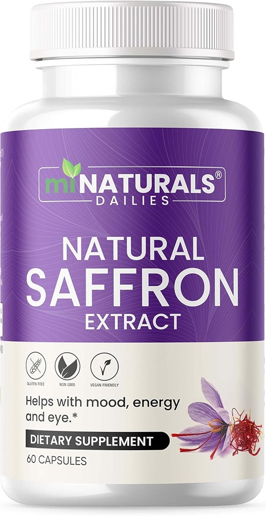 Natural Saffron 보충제 - 순수 프리미엄 추출물 캡슐 - 계류 지원 - 눈 지원 - 에너지 - 미국에서 만든 - 88.50 mg - 60 알약 - 최적화 - Pastillas de Azafran