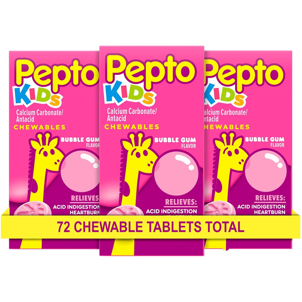 Pepto Kid's Chewable Tablets for Heartburn, Acid Indigestion, Sour Stomach 및 Upset Stomach, Bubblegum 풍미, 72 총 (3 팩 24)
