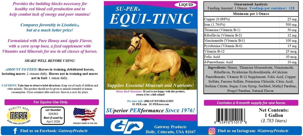 SU-PER Equi-Tinic 말 무기물 보충교재 - 건강한 혈액 세포 & 에너지를 위한 근본적인 무기물 그리고 영양소 - 1개 갤런