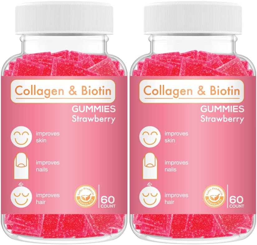 교원질 Biotin Gummies - 머리, 피부 & 못 머리 성장 노화 방지 배려 Chewable 거미 비타민, Vegan, 비 GMO, 글루텐 자유로운, 젤라틴 딸기 풍미 120 조사, 분홍색을 지원합니다