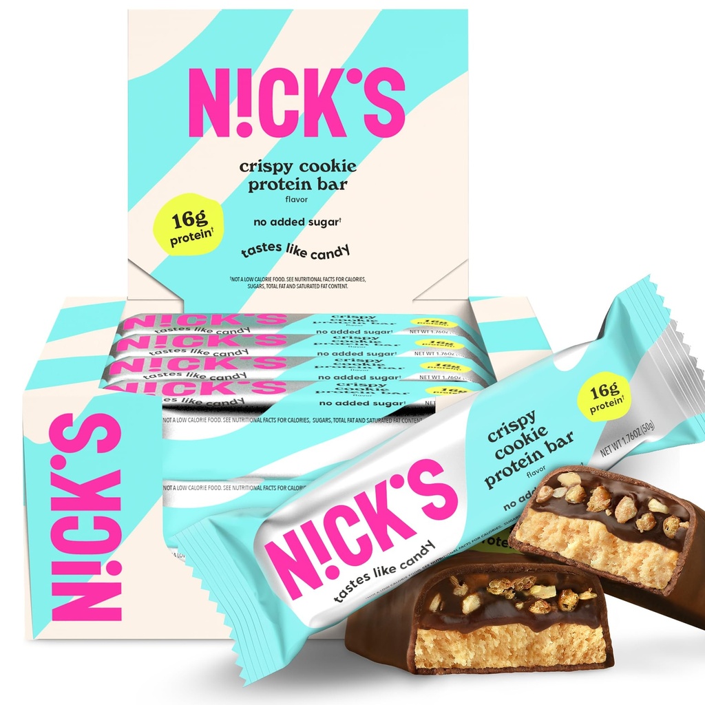 Nick's Protein Bars Crispy 쿠키 초콜릿, 고단백, 낮은 칼로리, 낮은 칼집, Keto Friendly Snacks 추가 설탕 없음 (12 바 x 50g), 크리스피 쿠키 맛