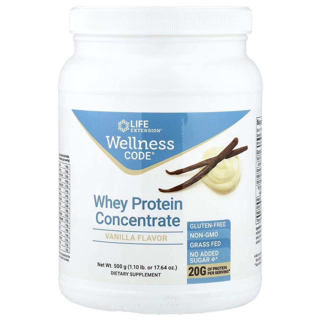 수명 연장 웰빙 코드 Whey Protein Concentrate 20g Muscle Growth & Immune Health - Grass-Fed, Free-Range, 호르몬-Free Cows, Non-GMO, 추가 설탕 없음, Vanilla- 500g