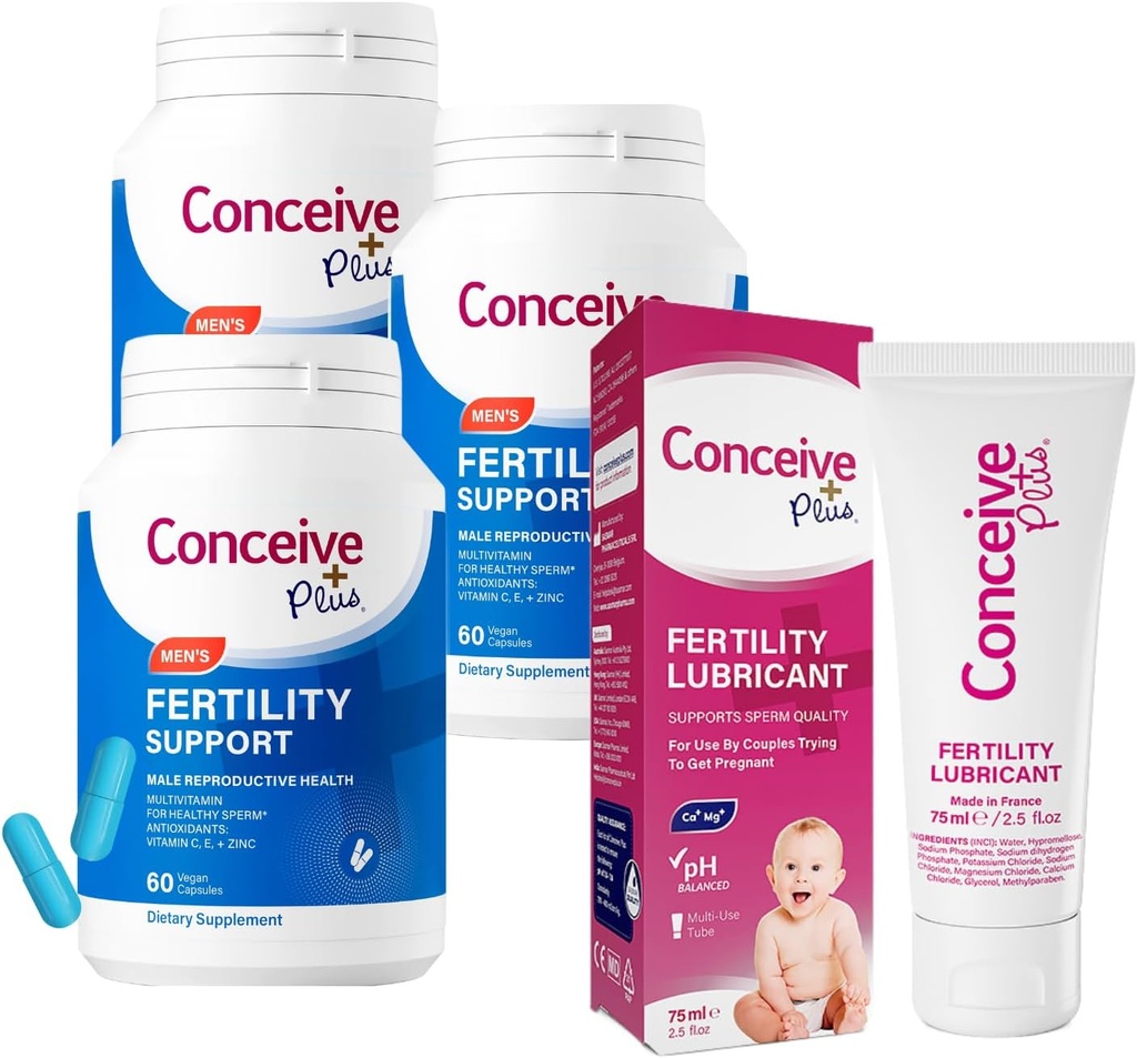 CONCEIVE PLUS Mens Fertility Bundle | 3 개월 공급 연성 비타민 보충제 남성 3 x 60 카운트 및 연성 윤활유 2.5 오닉스