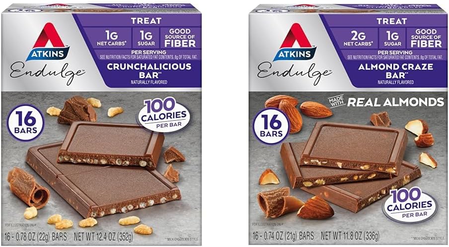 Atkins Endulge 치료 막대기, Crunchalicious & Almond Craze 풍미, 1-2g 순수한 Carbs, 1g 설탕, 좋은 섬유 근원, 친절한 Keto, 16 조사