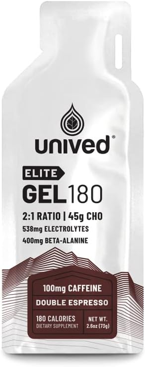 Unived Elite Gel 180-2 : 1 베타 Alanine 및 Essential Electrolytes와 단순 및 복합 캐비티의 비율 - Endurance Athletes Runners 및 Cyclists -180kcal - 더블 에스프레소 - 100mg 카페인 - 6 팩