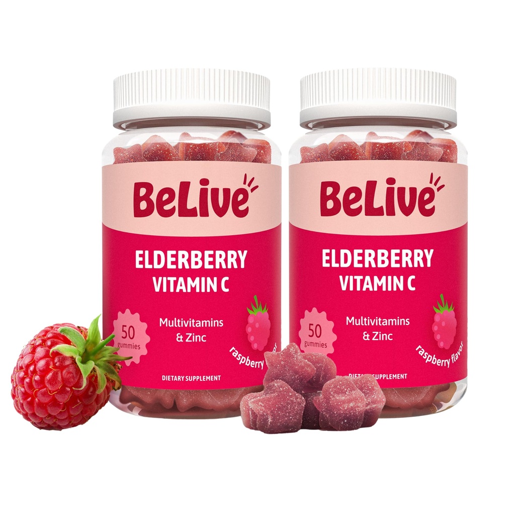 아연과 비타민 C를 가진 BeLive Elderberry Gummies - 비타민 D, A, E, B12를 가진 면역 지원 보충교재 - 건강한 뼈 & 이, Vegan, Keto & Non-GMO를 위한 Gummies - 라즈베리 풍미 | 2-Pack
