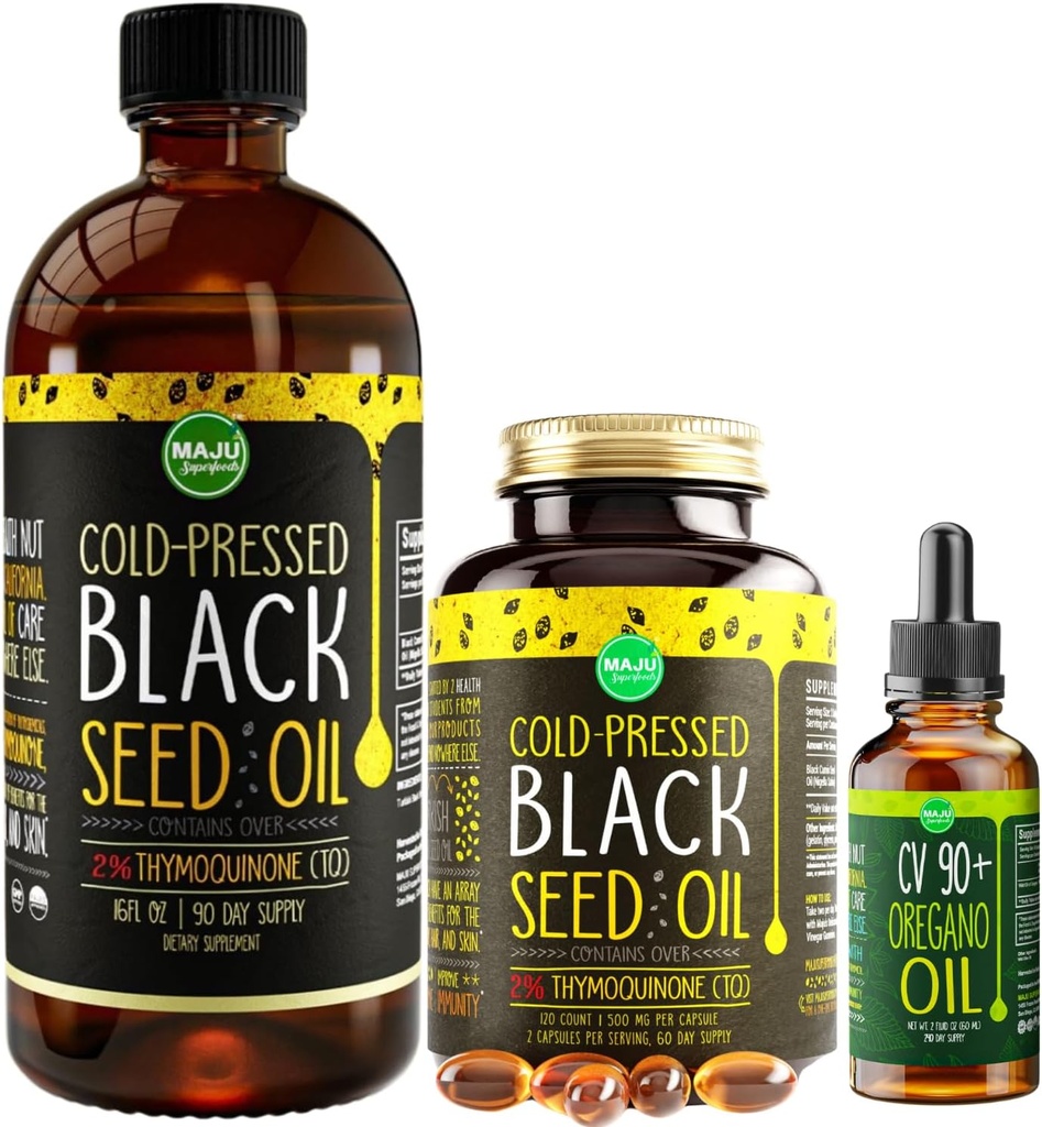 Maju Superfoods 큰 검정씨 기름과 Oregano 뭉치
