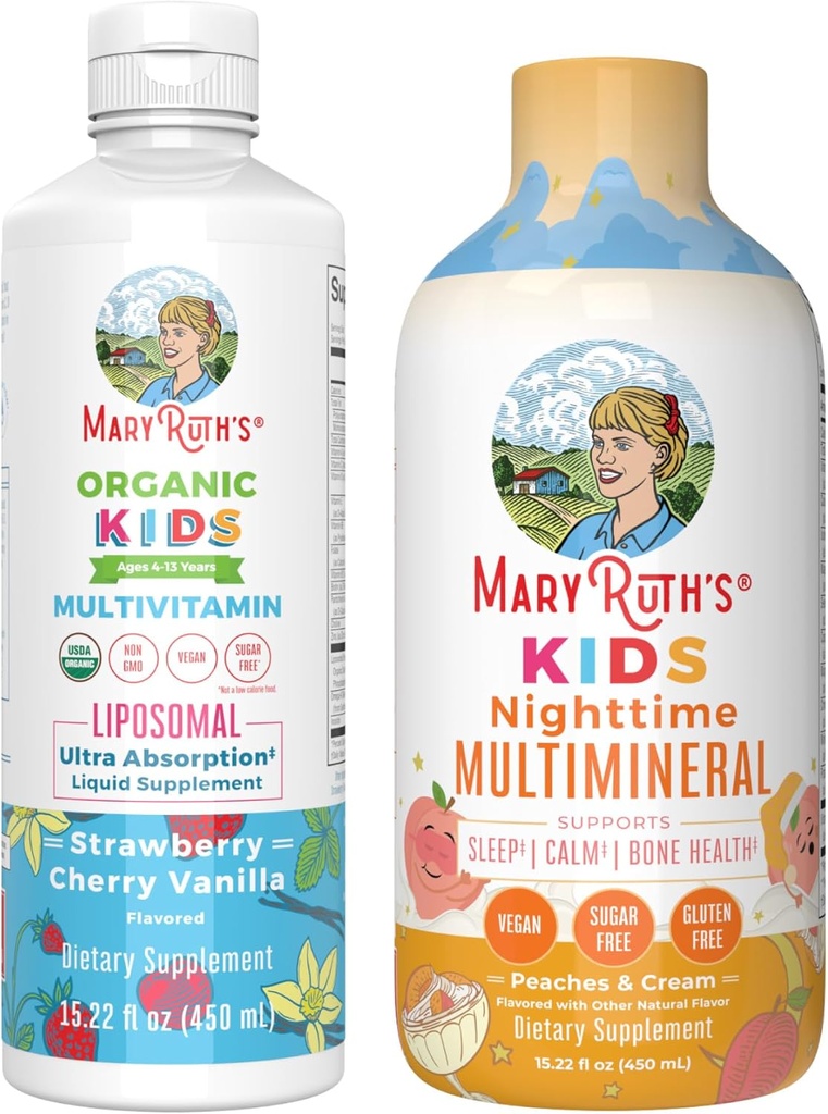 MaryRuth's Nighttime Multimineral (Peaches & Cream) 및 Multivitamin Liposomal (Strawberry Cherry & Vanilla) 어린이를위한| Clean Label Project Verified® | Muslce Relaxation & overall W의 비타민