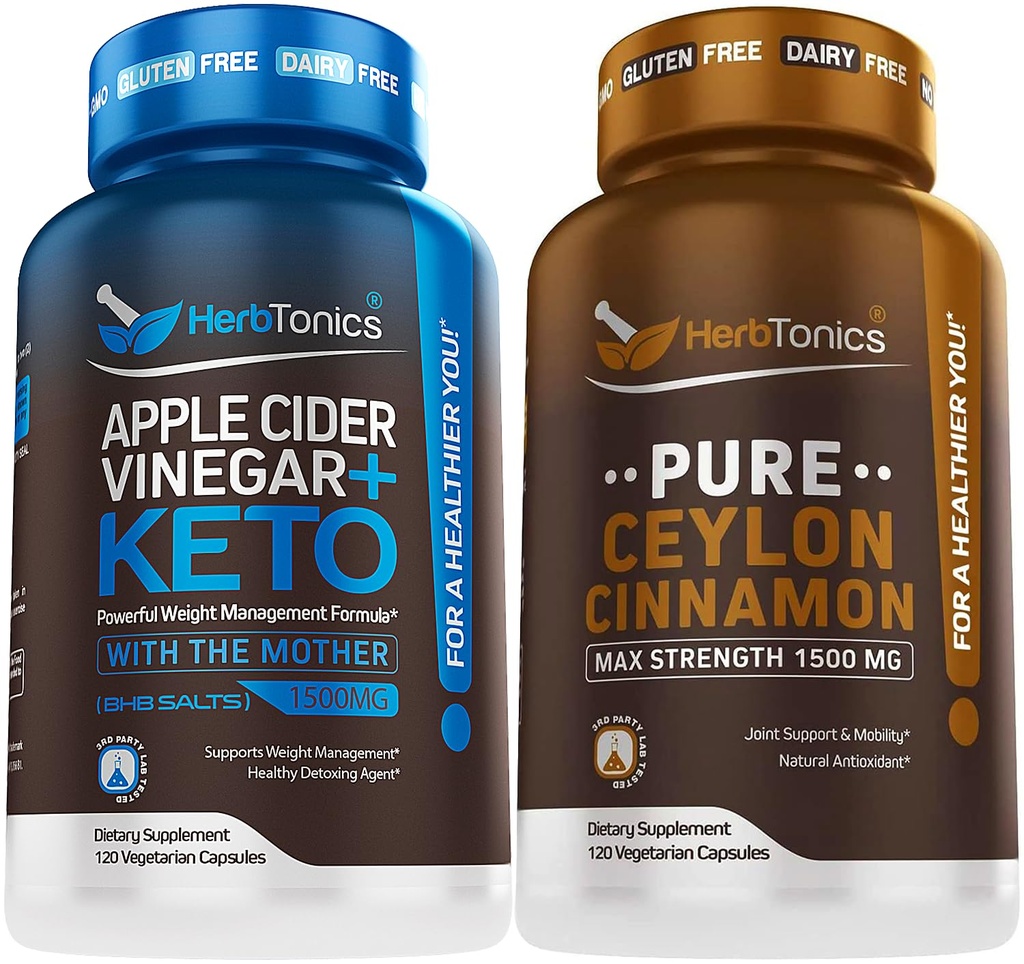 Herbtonics Apple Cider Vinegar 캡슐 플러스 Keto BHB | 여성 및 남성을위한 지방 버너 및 체중 감량 보충 - 프리미엄 Ceylon Cinnamon 캡슐 - 효과적인 Cinnamon 알약은 웰빙을 강화