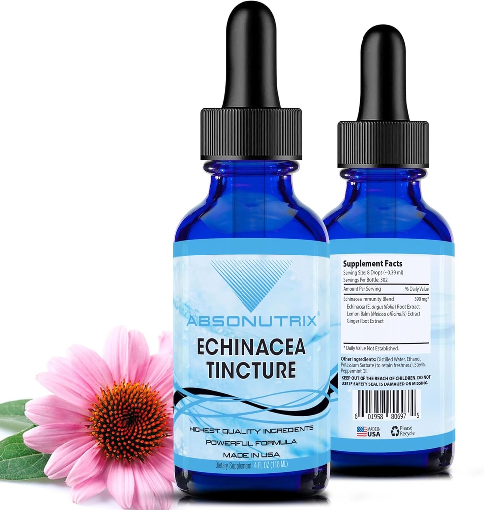 Absonutrix Echinacea Tincture 고급 공식 390 mg, 4 Oz 액체, 302 서빙, 미국에서 만든, 빠른 흡수, 품질 Potent 재료, 비 GMO, GMP 인증 시설, Cruelty-Free 제품