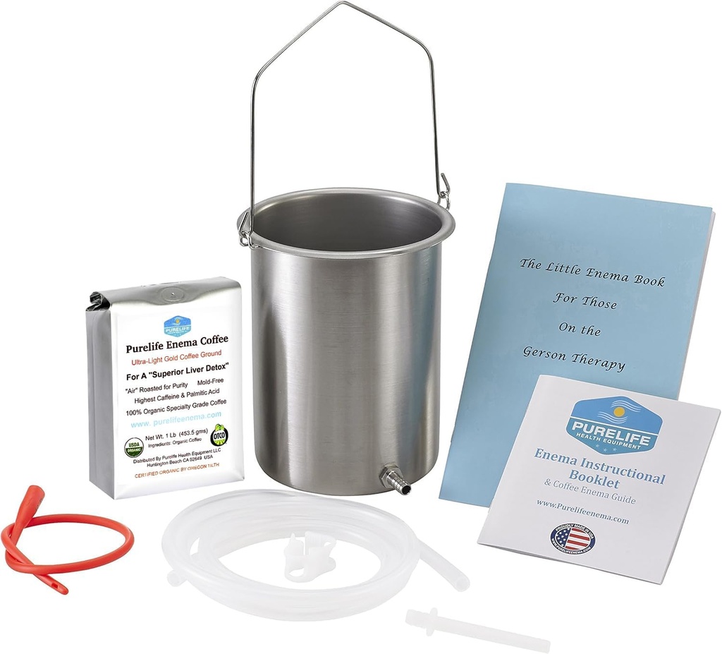 Purelife Detox Coffee Enema Kit - 미국에서 만든 - 2 Qt / Superior Non Toxic Made in USA 품질 / 1 lb Purelife Ultra Light Gold Enema Coffee - 실험실 실험 no mycotoxins- Silicone tubing