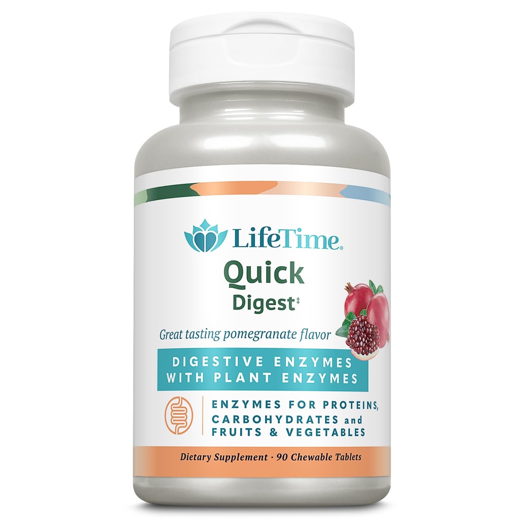 LIFETIME Quick Digestive Enzymes - 단백질, 탄수화물, 과일 및 야채를위한 식물 효소 - 소화 건강 지원 - 석류 맛 - 90 서빙, 90 화학 정제