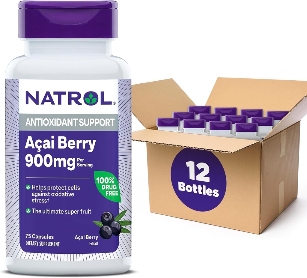 Natrol Acai Berry, 규정식 보충교재, 산화 방지제 보호 & 방위, 궁극적인 최고 과일, 900 mg Veggie 캡슐, 75 조사 (12의 포장)