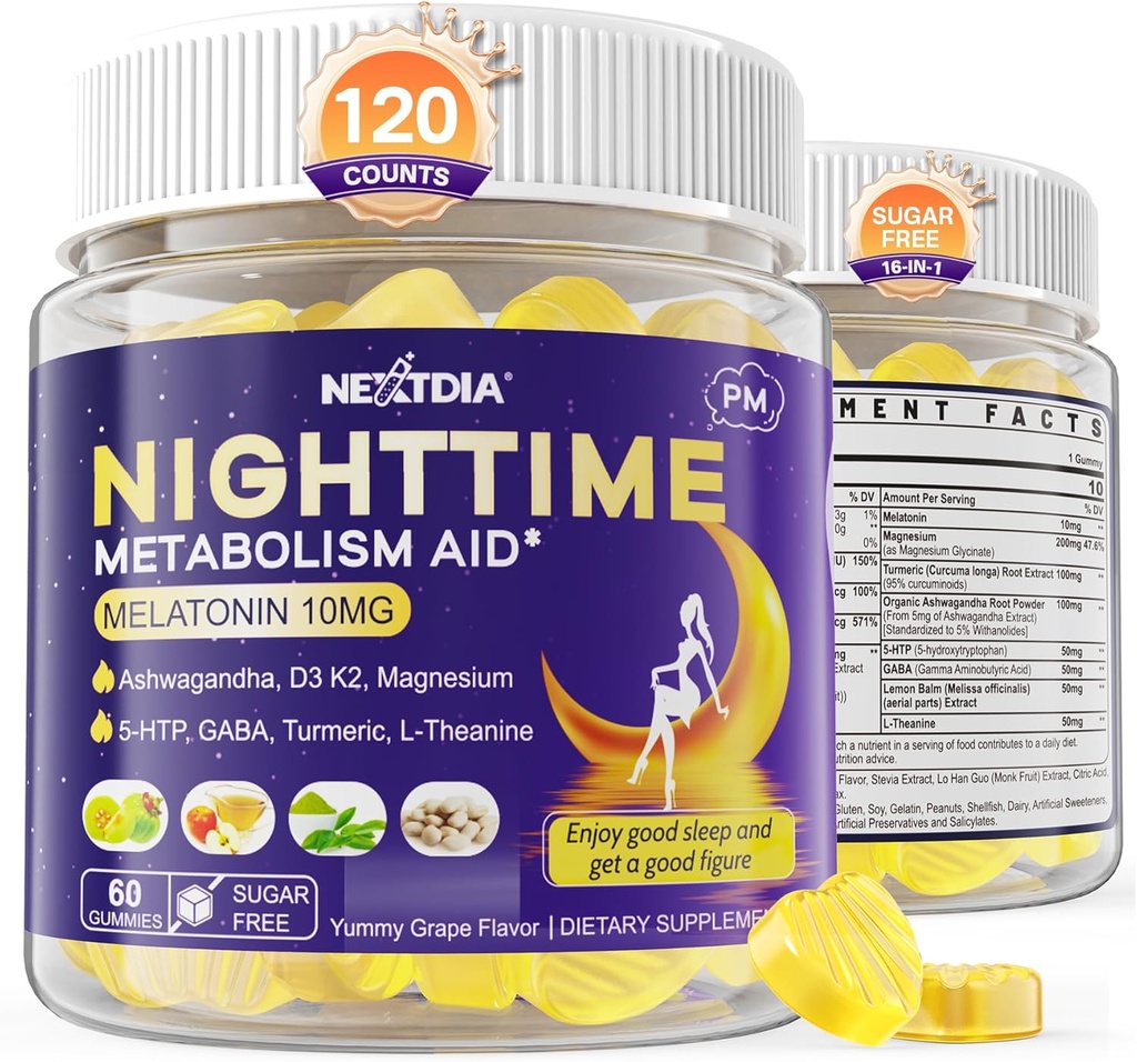 Melatonin 10mg Gummies, 성인을 위한 밤 시간 대사 Gummies, 당신이 나머지, 마그네슘, Ashwagandha, 5-HTP, GABA, 100% 약을 가진 건강한 Zzzs를 승진시키는 동안 쇄석기 Excess Hoarding는, 2Packs 해방합니다