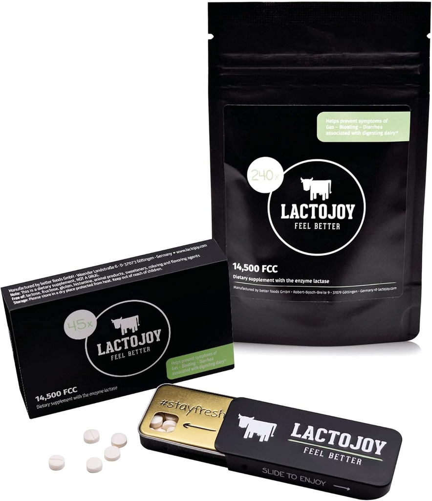 LactoJoy Lactase 알약 45 PC의 뭉치. 그리고 보충 팩 나는 Lactose Intolerance를 위한 강력한 Lactase 효소 I 매우 순수한 Lactase를 개량한 Digestion I를 위한 실리콘 이산화 규소 없음, 인공적인 풍미 없음