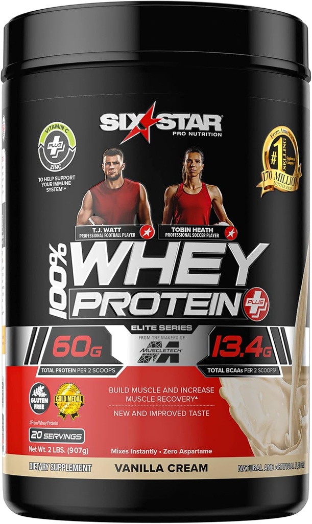 호이 단백질 분말 + 면역 지원 | Six Star Whey Protein Plus | Whey Protein Isolate & Peptides + Muscle Builder | 근육 이익 및 회복을위한 Lean Protein Powder | Vanilla, 2 파운드