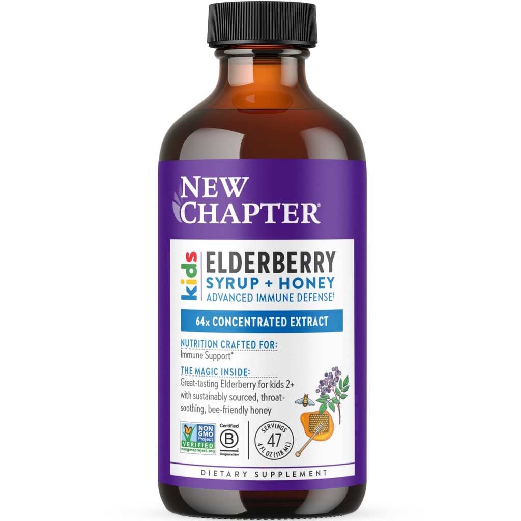 새로운 장 Elderberry Kids Syrup, 나이 2 +, 64x 농축 된 Elderberry에 대한 고급 면역 방어, Throat-Soothing Grade A Honey, Non-GMO Project Verified, 4 Fl Ounce