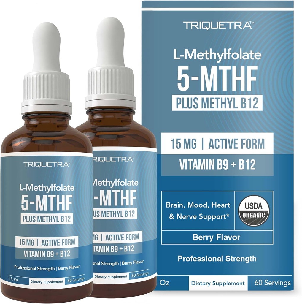 L 메틸 Folate 15mg 플러스 메틸 B12 Cofactor – 유기, 베리 맛, 직업적인 힘, 액체 잠수함, 활동적인 5-MTHF 모양 - 지원 계류, Homocysteine 메틸화, Cognition (1oz -2 팩)