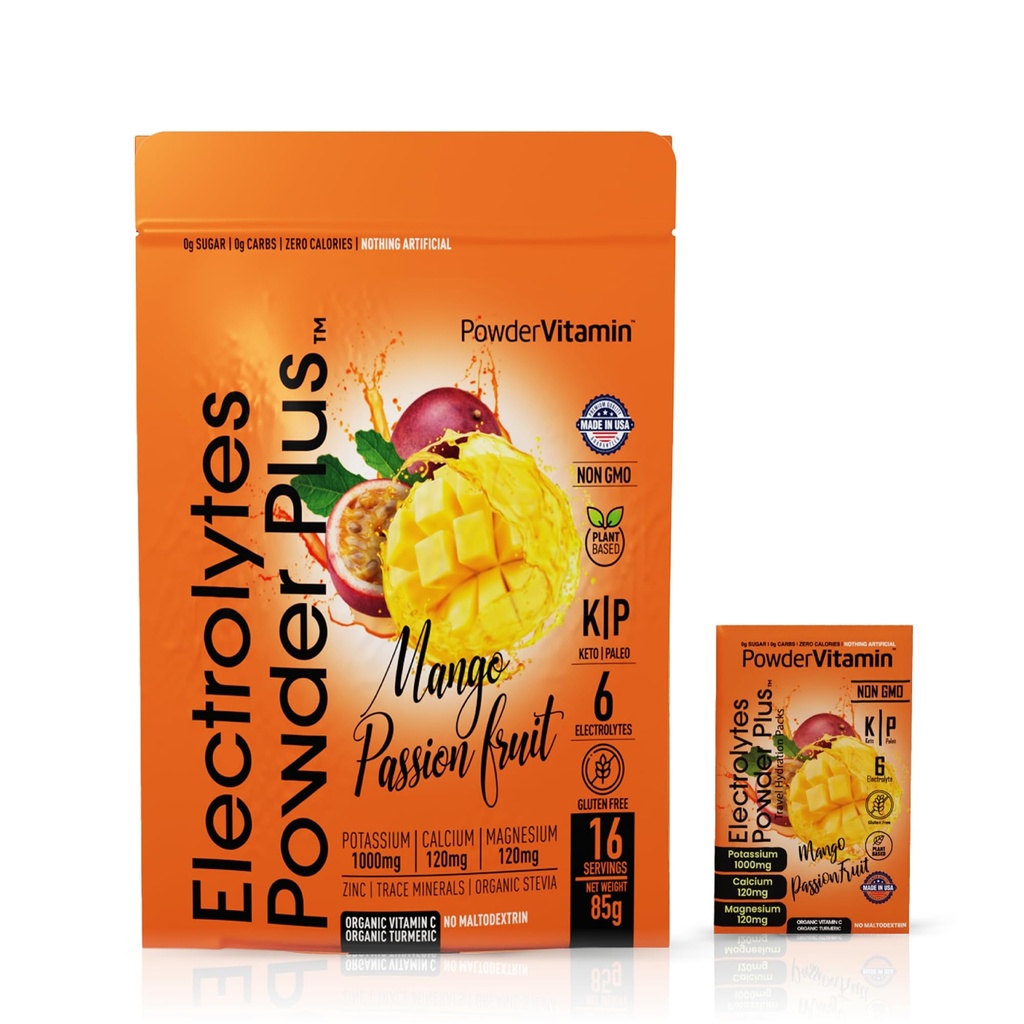 PowderVitamin Electrolytes Powder Plus, Keto, Mango Passionfruit, Sugar Free, Pink Himalayan Salt, 1000mg 칼륨, 120mg 칼슘, 120mg 마그네슘, Non-GMO, Zero Calories, (16 Hydration Packets)