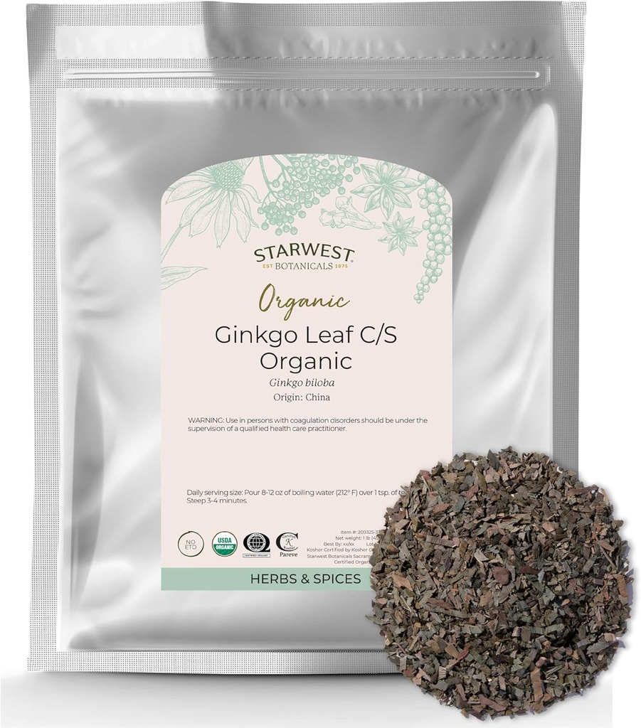 Starwest Botanicals 유기 은행나무 잎 - 은행나무 Biloba, 차, 캡슐, & 초본 혼합, 커트 & Sifted, 증명된 고약, 비 GMO - 대량 1 lb 부대를 위한 건조된 느슨한 잎 허브