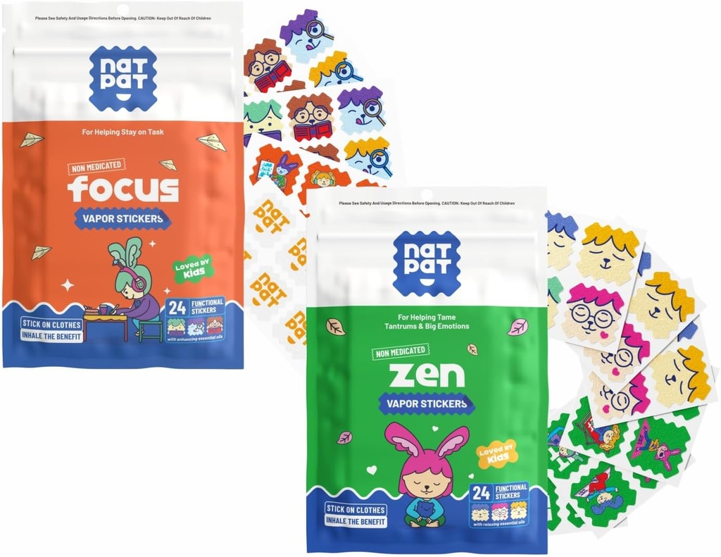 NATPAT FocusPatch (1 팩) 및 ZenPatch (1 팩) 번들 - 24 초점 강화 스티커 및 24 Calm 강화 스티커 - 화학 무료, 초점 및 무드 지원을위한 자연 구호