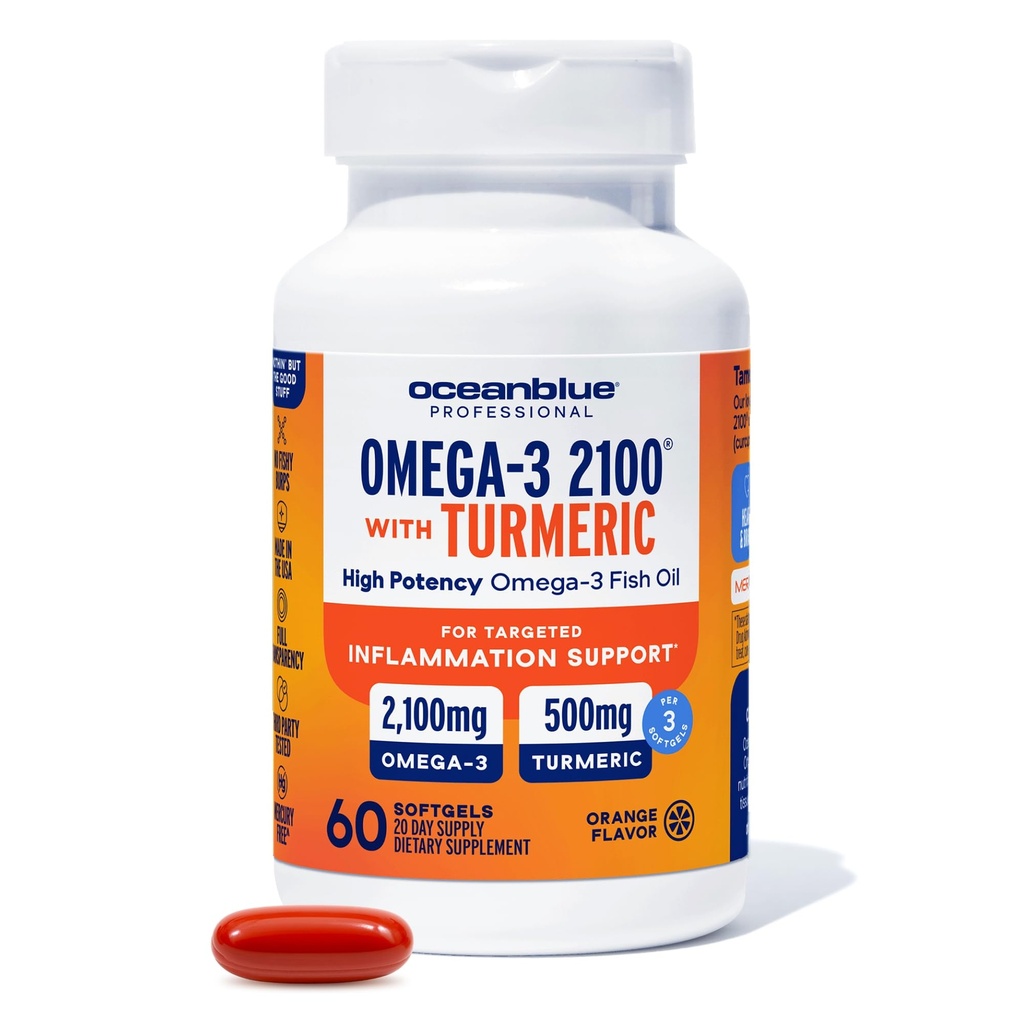 오션블루 2100 트리플 강도 오메가-3 물고기 오일 심황 | Curcumin EPA DHA DPA와 Burpless Omega 3 콤보 보충| 하트와 관절 지원 | 60 Softgels