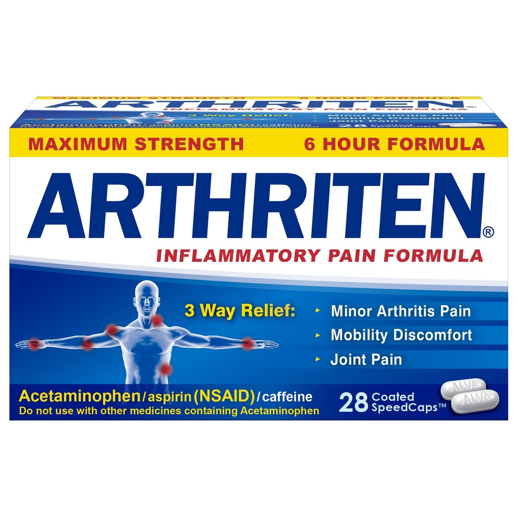 3개의 활동적인 성분을 가진 Inflammatory 고통 공식 모자: Aspirin, Acetaminophen & Caffeine, 백색, 28의 조사 (1의 포장)