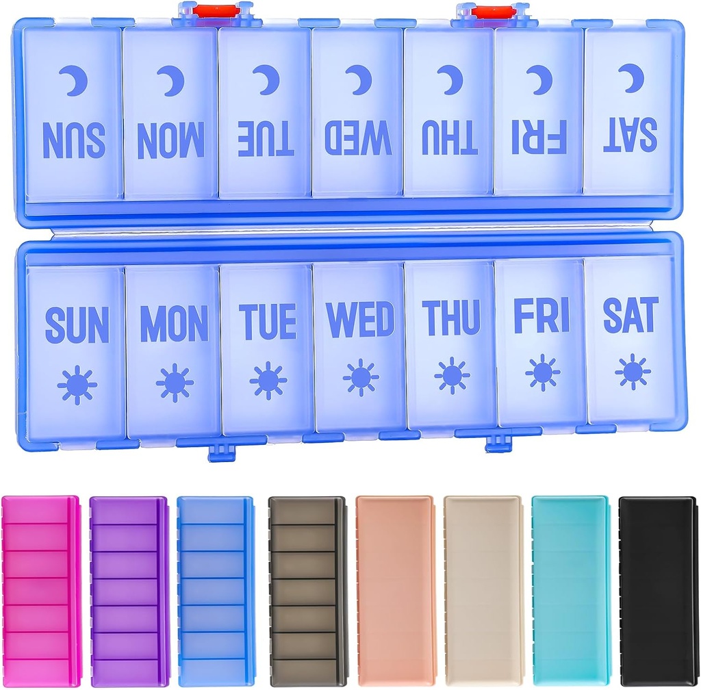 접을 수있는 알약 주최자 2 시간 일 w / 에칭 라벨 -Dual Protection & Portable Weekly AM PM Pill Box, 7 Day Medicine Container, 주간을위한 대형 여행 알약 케이스 매일 보충 비타민 -Clear Blue