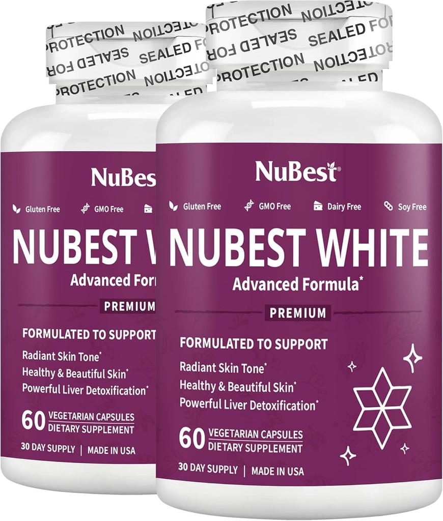 NuBest White - Glutathione, 비타민 C, E, B2, 우유 이틀 추출물, 번개 및 Brightening를 위한 녹차 추출물을 가진 노화 방지를 위한 피부 희게 보충교재 | 팩 2