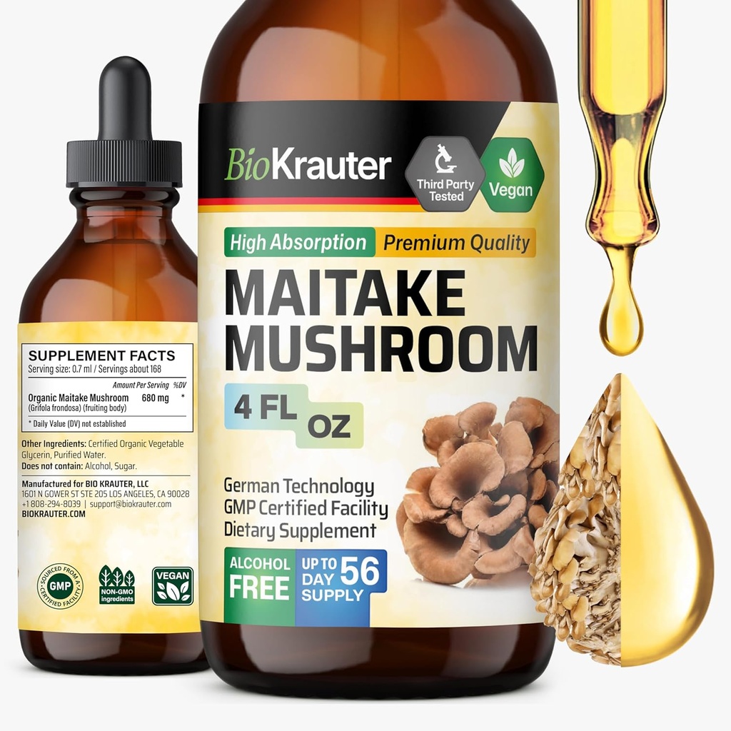 BIO KRAUTER Maitake 버섯 추출물 - 면역 지원을 위한 Maitake 액체 보충교재 - 서빙 당 680 mg - 채식주의자, 알콜 & 설탕 자유로운 하락 4 Fl.Oz.