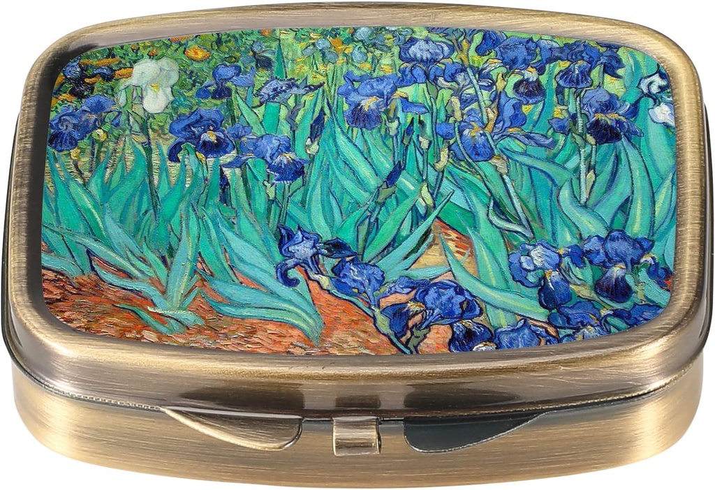 Dynippy Pill Case Pill Box with Mirror Retro Pocket 2 Compartment Medicine Case 포켓 지갑 및 여행을위한 비타민 알약 주최자 (A-Van Gogh Irise)