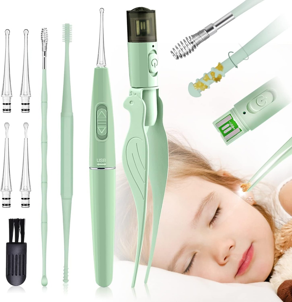 귀 왁스 제거 공구, 9 팩 귀 청소 공구, 2개의 LED 빛, 아이와 성인을 위한 붙박이 USB 귀 왁스 제거제와 더불어 전사 후비