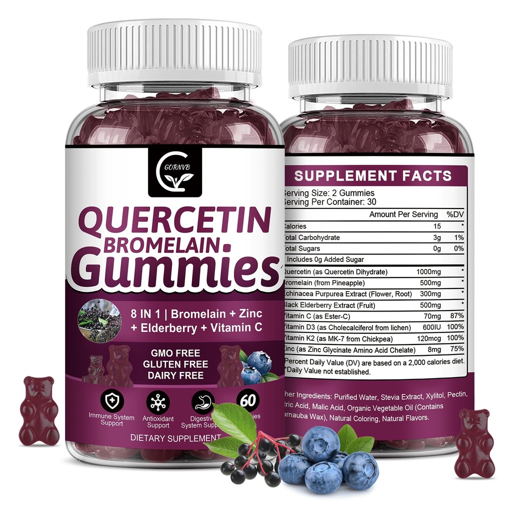 Bromelain 2378mg을 가진 Quercetin Gummies - Elderberry, Echinacea Purpurea 추출물, 아연, 비타민 C, D3, K2의 복잡한 지원 면역, 심장 혈관 & 호흡, 성인 & Kid를 위한 Vegan Gummy를 가진 혼합